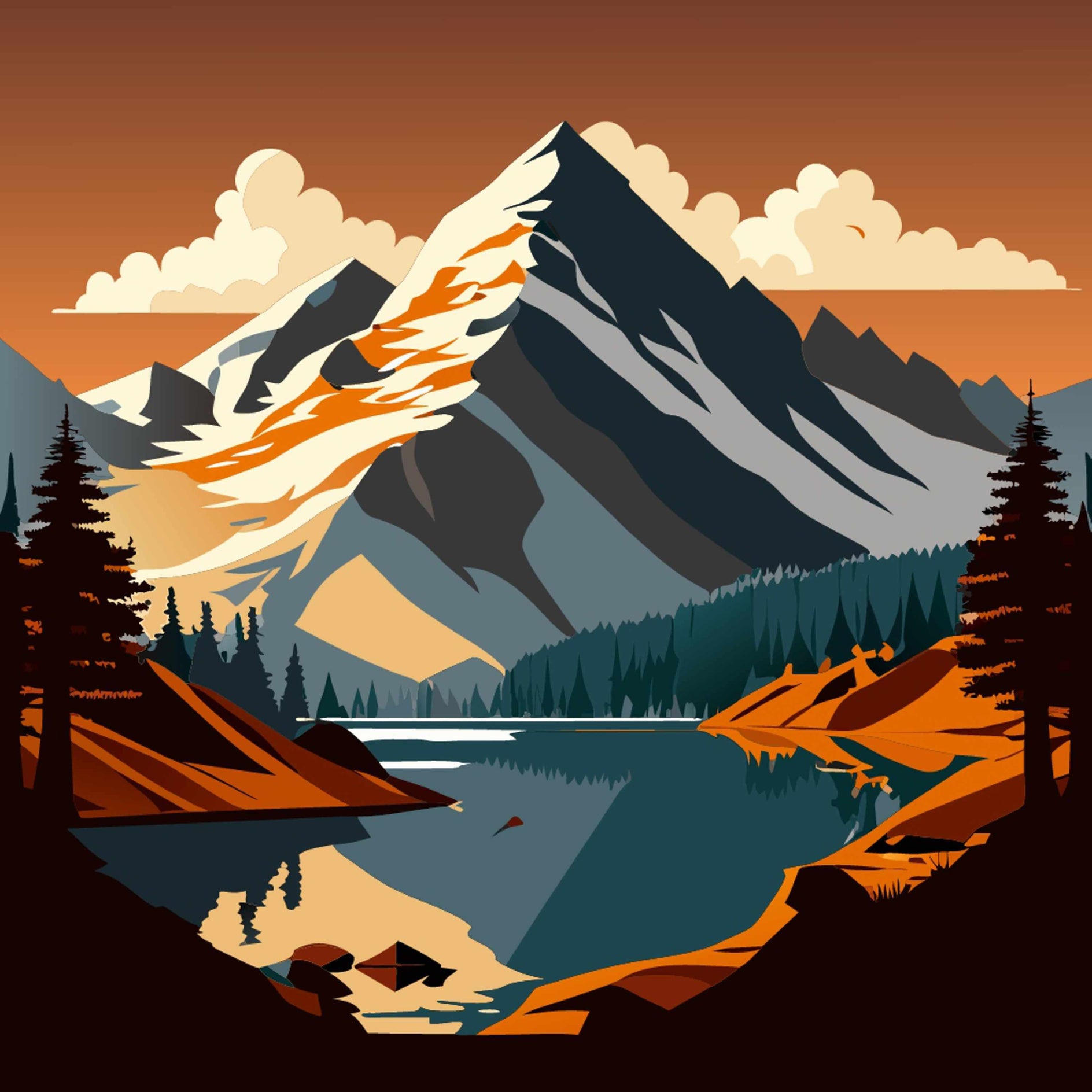 Illustration of a mountain landscape with a lake and cabins.