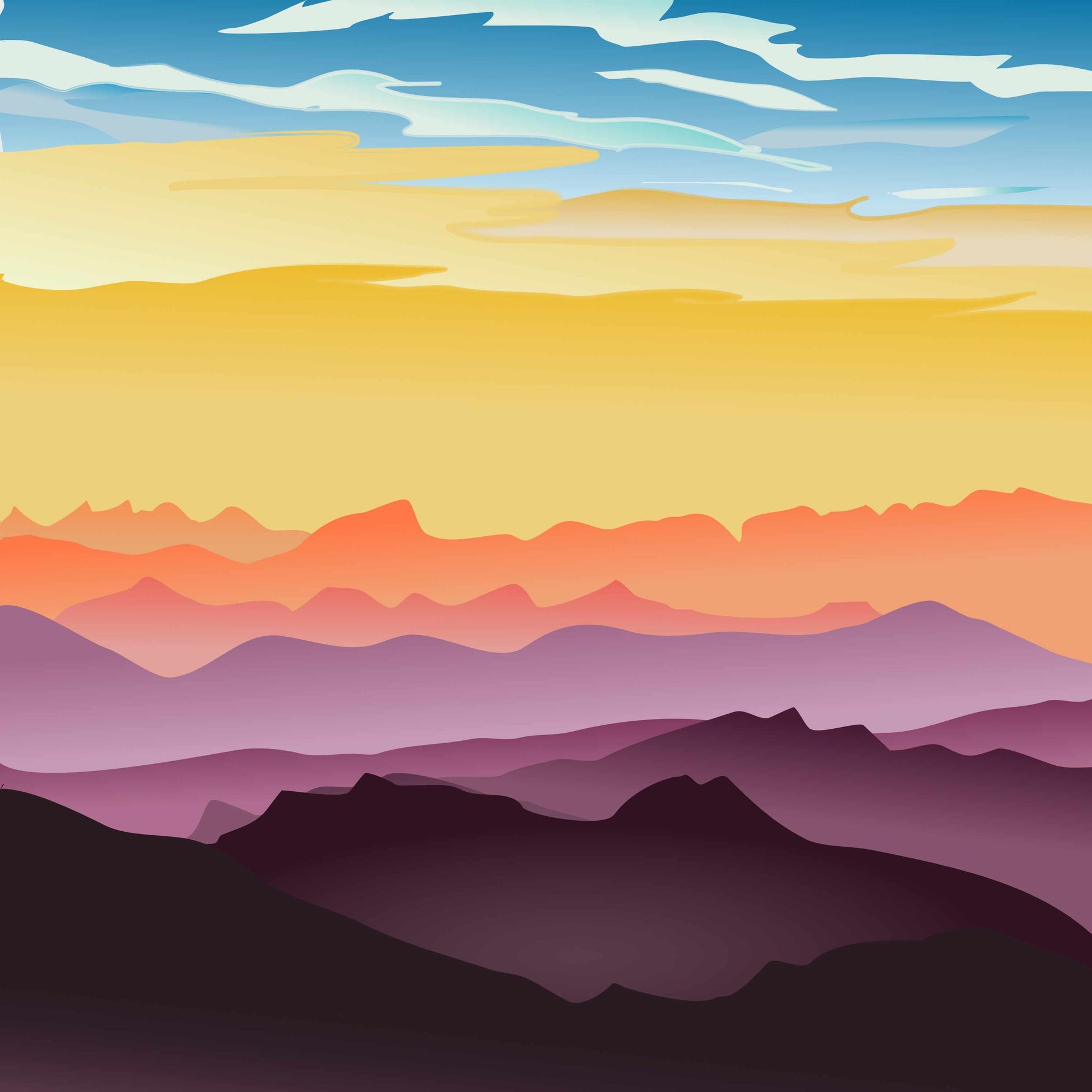 Simplified landscape with purple mountains and a colorful sky.